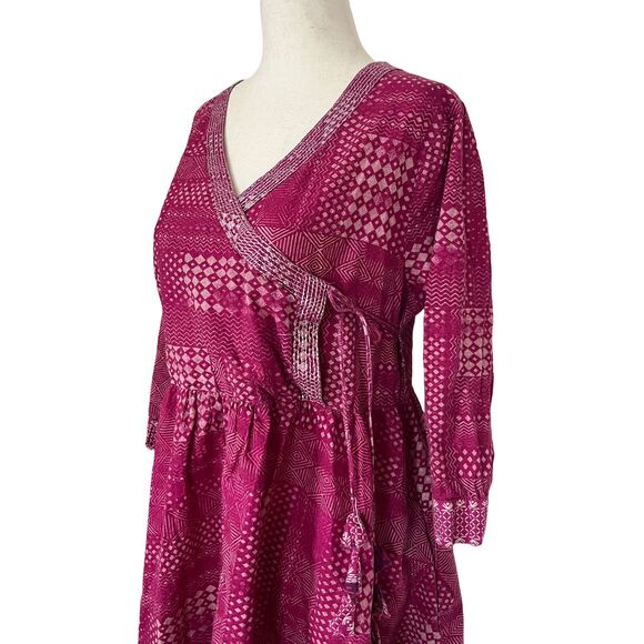 Burgundy Wrap Boho Folk Blockprint  Summer Dress 100% India Cotton M/L - Picture 3 of 12